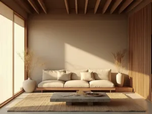 "Sunlit Japandi style living room with minimalist décor and wabi-sabi elements"