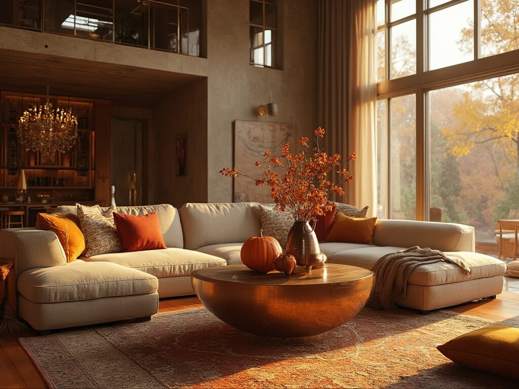 "Autumn themed luxurious living room during golden hour featuring plush sectional, Persian rug, vintage brass coffee table, and floor-to-ceiling windows"