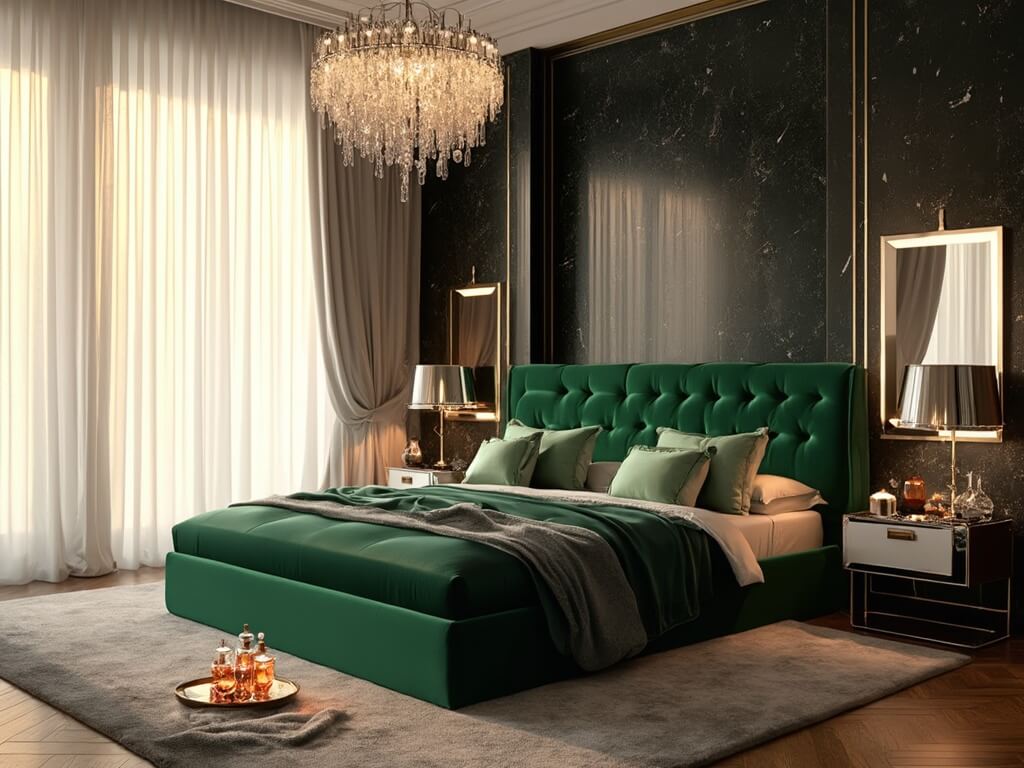 "Luxurious modern bedroom with emerald green velvet bed, black marble accent wall, crystal chandelier, and glam accessories during golden hour."
