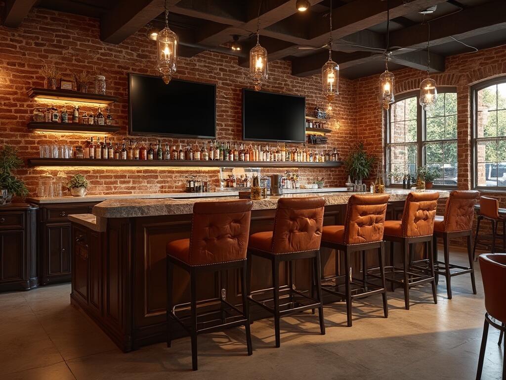 "Luxury basement sports bar with mahogany bar counter, leather barstools, mounted TVs, premium spirits on floating shelves, vintage sports memorabilia and warm Edison lights, shot in 8K resolution on a Canon EOS R5."