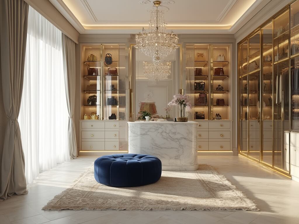 "Luxurious walk-in closet with glass-front wardrobes, marble-top island and designer accessories"