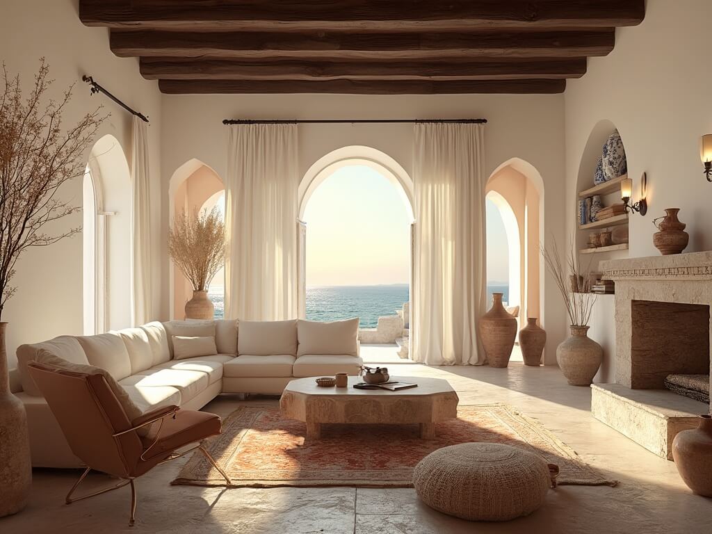 "Elegant Mediterranean living room during golden hour, featuring cream linen sofa, cognac leather armchairs, wooden accents and a sea view through arched doorways"