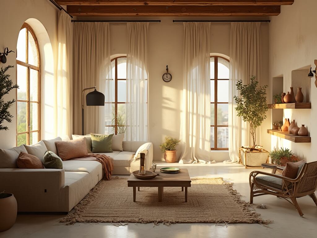 "Mediterranean styled living room during golden hour with large windows, textured walls, wooden beams, linen sofa, oak coffee table, and natural lighting."