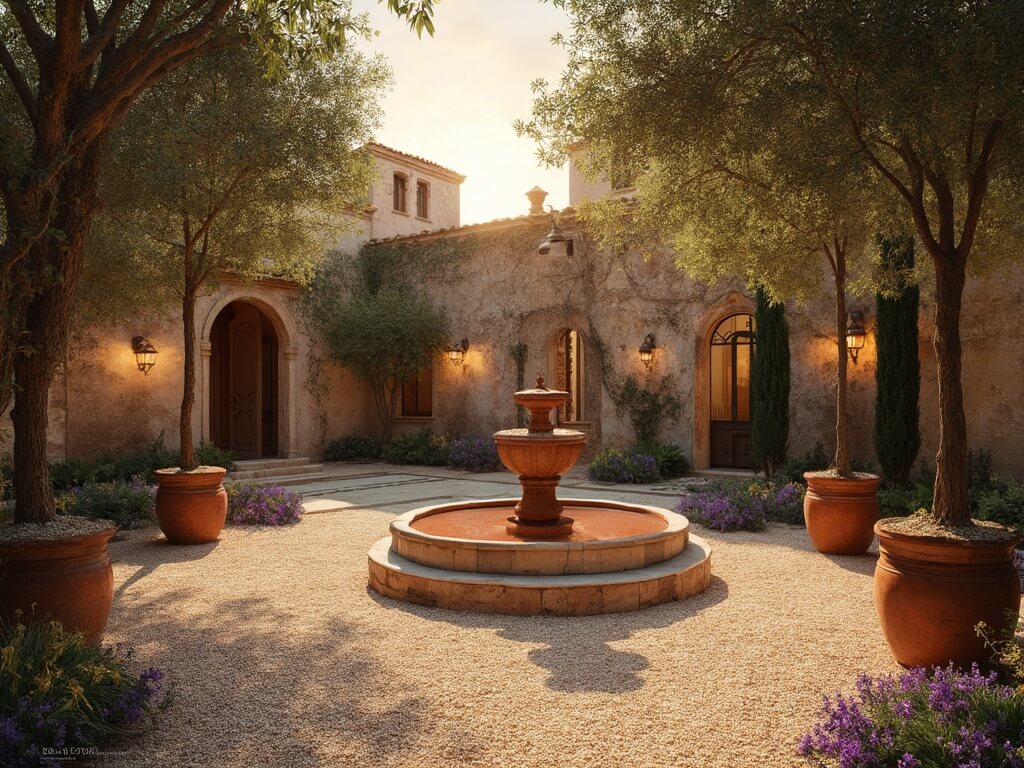 "Mediterranean gravel courtyard bathed in warm sunset light with aged terracotta fountain, olive trees in copper planters, and stone walls with climbing vines"