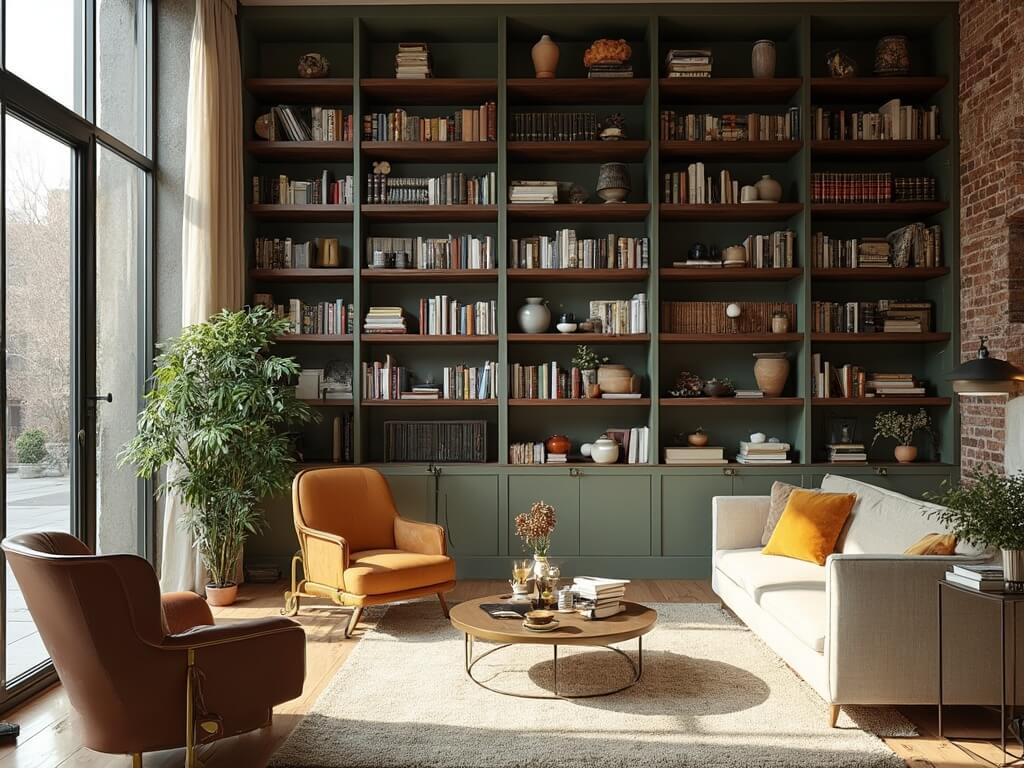 "Sophisticated living room with various bookshelf styles, mid-century modern decor, and soft natural lighting"
