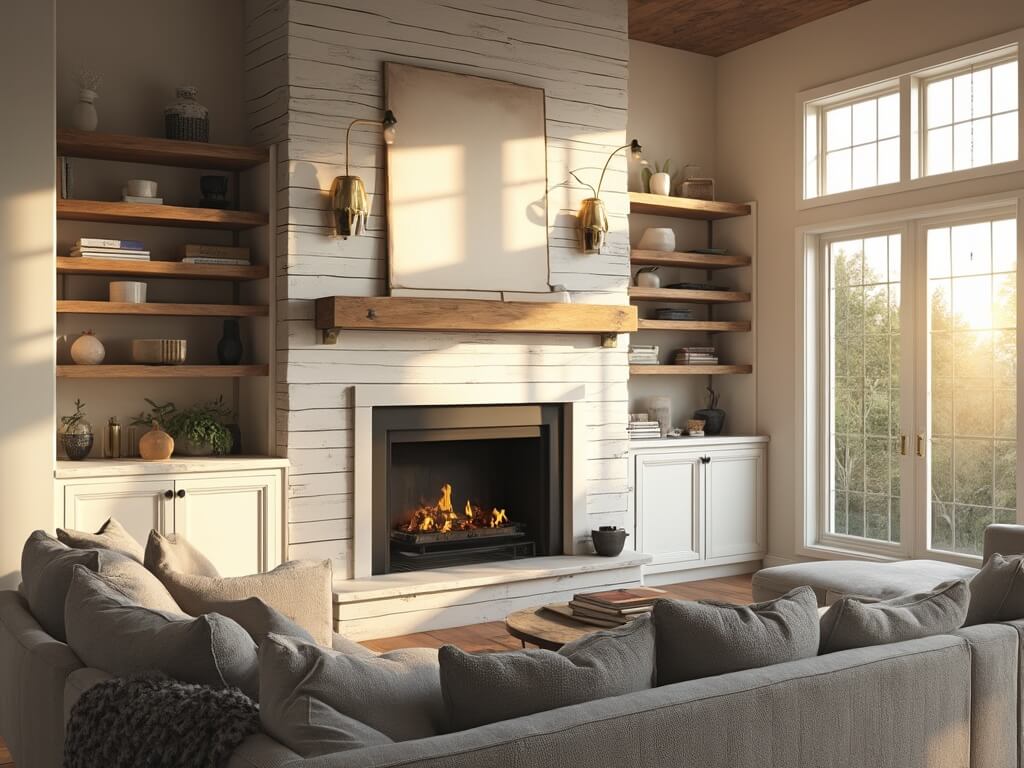"Modern farmhouse living room with white shiplap fireplace, built-in shelving, and grey sectional sofa at sunset"