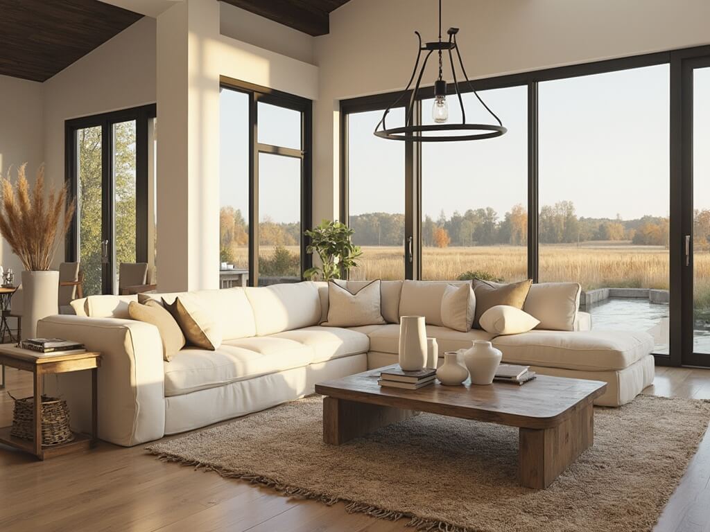 "Spacious modern farmhouse living room with high ceilings, black-framed windows, and vintage decor, captured in warm golden hour lighting"