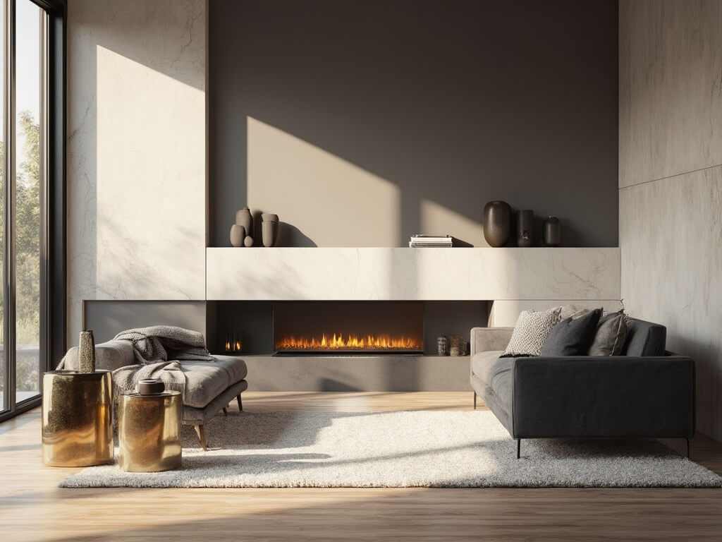"Modern minimalist living room with a marble fireplace, charcoal gray sectional sofa, brass accent tables, and natural sunlight streaming in from floor-to-ceiling windows"