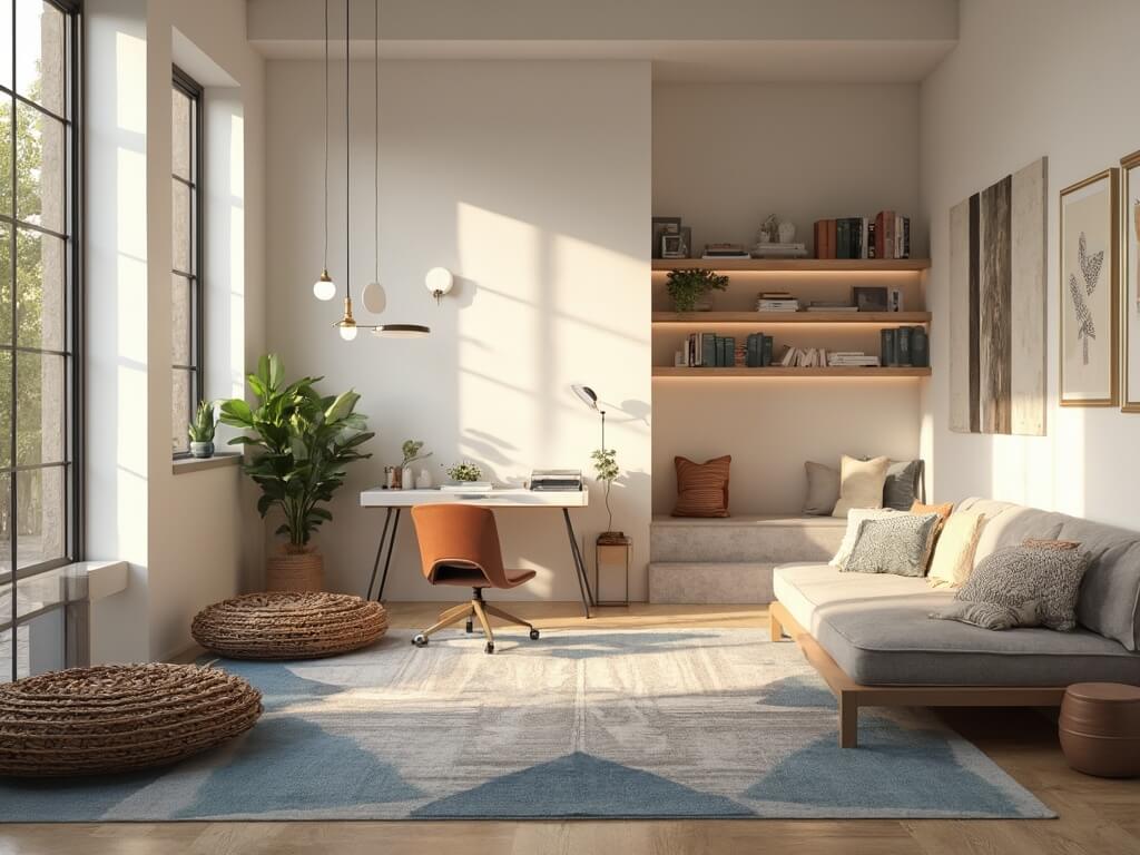 "Modern, versatile bonus room with home office, reading nook, and meditation space, bathed in natural light with contemporary décor and smart storage solutions"