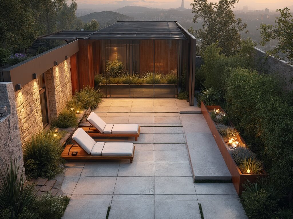 "Aerial view of a modern minimalist garden at golden hour, featuring geometric concrete pavers, Corten steel planters, sleek teak loungers under a matte black pergola, and LED lights against gabion walls."