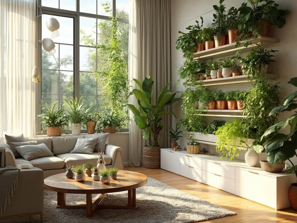 "Modern indoor garden sanctuary in a sun-drenched living space with a vertical garden wall, vintage hanging planters, minimalist hydroponic setup, and geometric glass terrariums on a reclaimed wood coffee table."