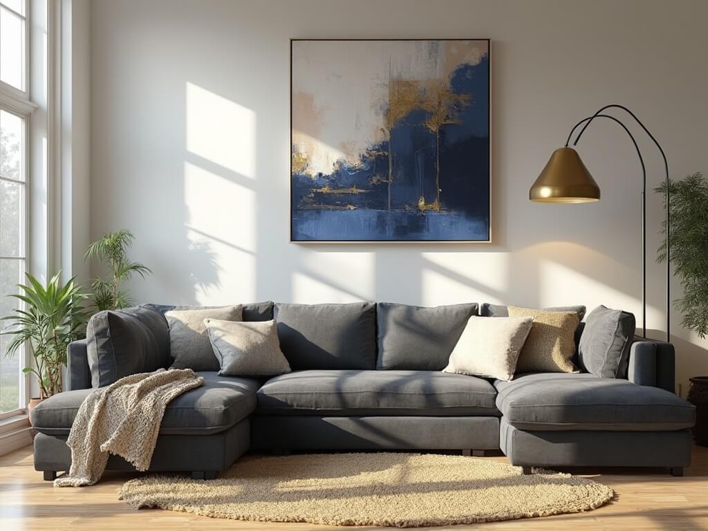"Contemporary living room with plush grey sectional sofa, neutral toned pillows, abstract art, mid-century modern brass floor lamp, white walls, wooden elements, and greenery during golden hour"