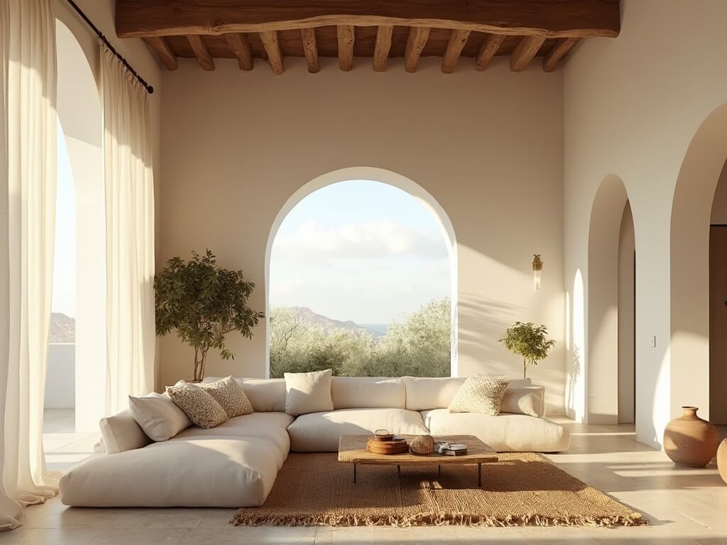 "Sunlit, high-ceiling Mediterranean living room with exposed oak beams, arched windows with sheer curtains, cream linen sofa, and rustic decor in warm earthy tones."
