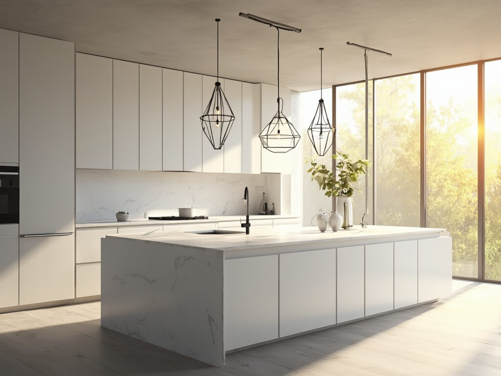 Spacious minimalist kitchen with morning sunlight streaming through windows, white cabinets, Carrara marble island, stainless steel appliances, and oak flooring, accented with black pendant lights and eucalyptus sprigs.