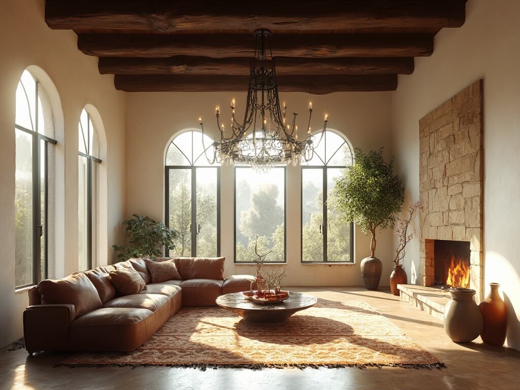 "Sunlit Spanish Revival living room with high ceiling, dark walnut beams, leather sofa, and potted olive tree"