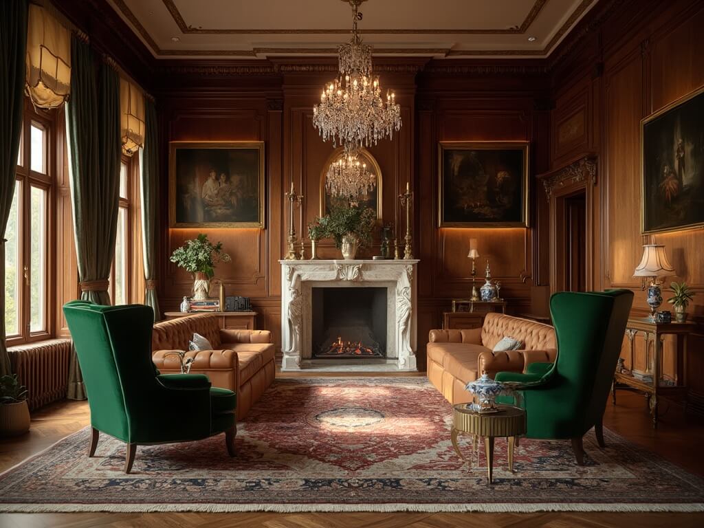 "Luxurious grand living room with mahogany paneled walls, leather Chesterfield sofa, emerald green wingback chairs, and antique Persian rug, bathed in warm afternoon light from Georgian windows."