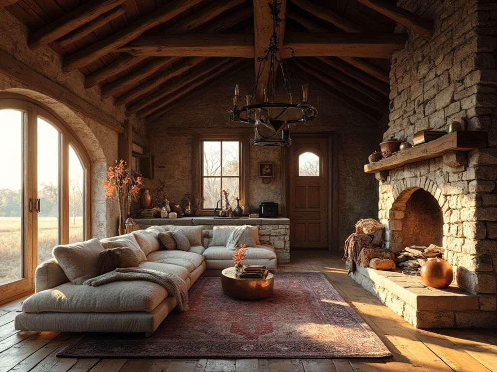 "Rustic barn house living room with vaulted ceilings, sunlight through arched windows, stone fireplace, cream linen sectional, vintage Turkish rug and styled vignettes at golden hour."
