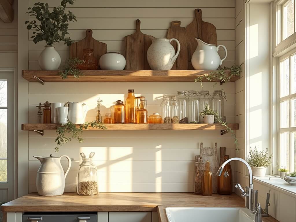 "Sunlit farmhouse kitchen with rustic decor on wooden shelves, including ceramic pitchers, copper pots, and mason jars against cream shiplap walls"
