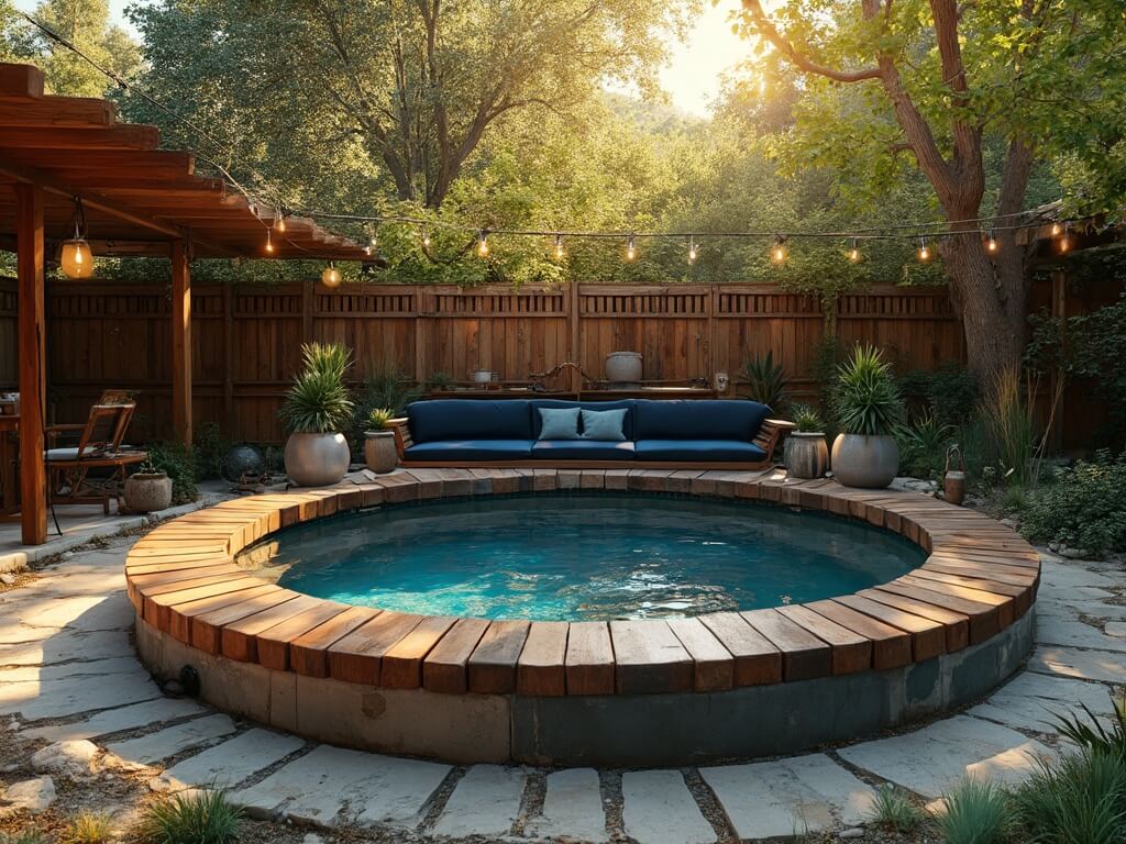 "Rustic garden retreat with stock tank pool, redwood bench with blue cushions, surrounding stone pavers, plants for privacy, and overhead string lights during golden hour"