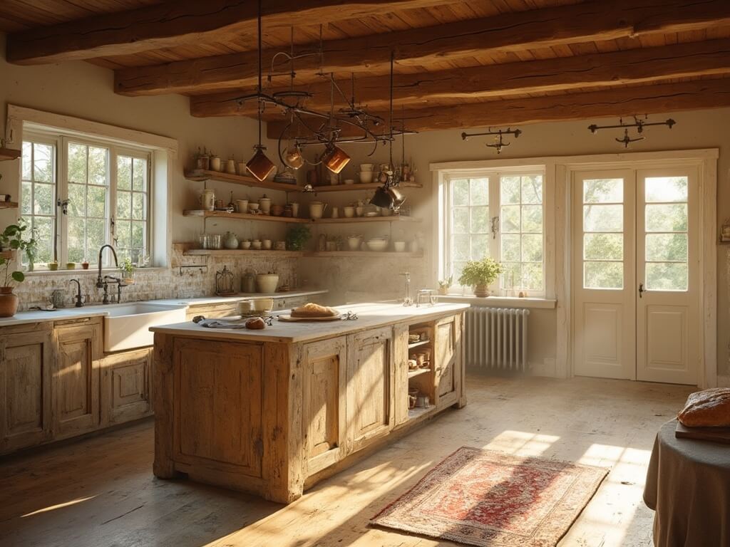 "Sunlit rustic farmhouse kitchen with reclaimed oak flooring, vintage Persian runner, distressed barn wood island with marble top, exposed wooden beams, vintage copper pots, and Moroccan tile backsplash in golden morning light"