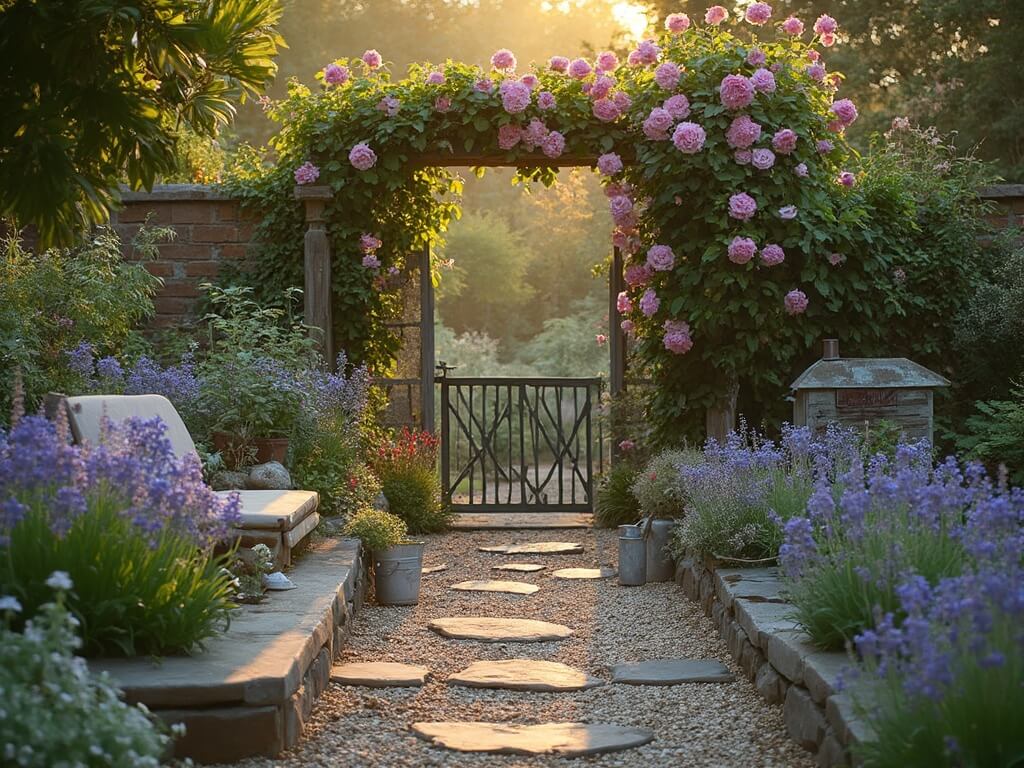 "Serene farmhouse garden at sunset with lavender and hydrangea beds, weathered bench, vintage rose-covered gate, gravel pathways, and rustic garden decor."