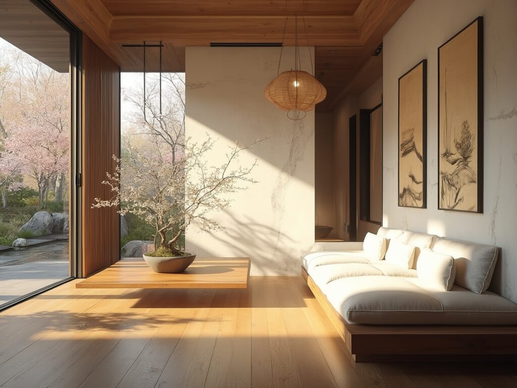 "Pristine Japanese-inspired living room with shoji screens, walnut platform sofa, oak flooring, ikebana arrangement, bonsai and zen garden view in golden hour"