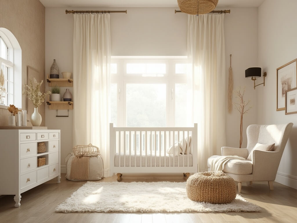 "Neutral-toned, serene nursery with morning light, natural elements and vintage furniture, bathed in a golden hour glow"