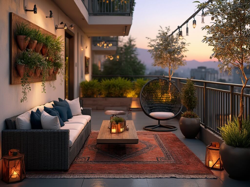 "Urban apartment balcony at twilight featuring a wicker loveseat, floating teak table, hanging egg chair, vertical herb garden, Moroccan rug, copper lanterns, potted trees, and city lights in the background."
