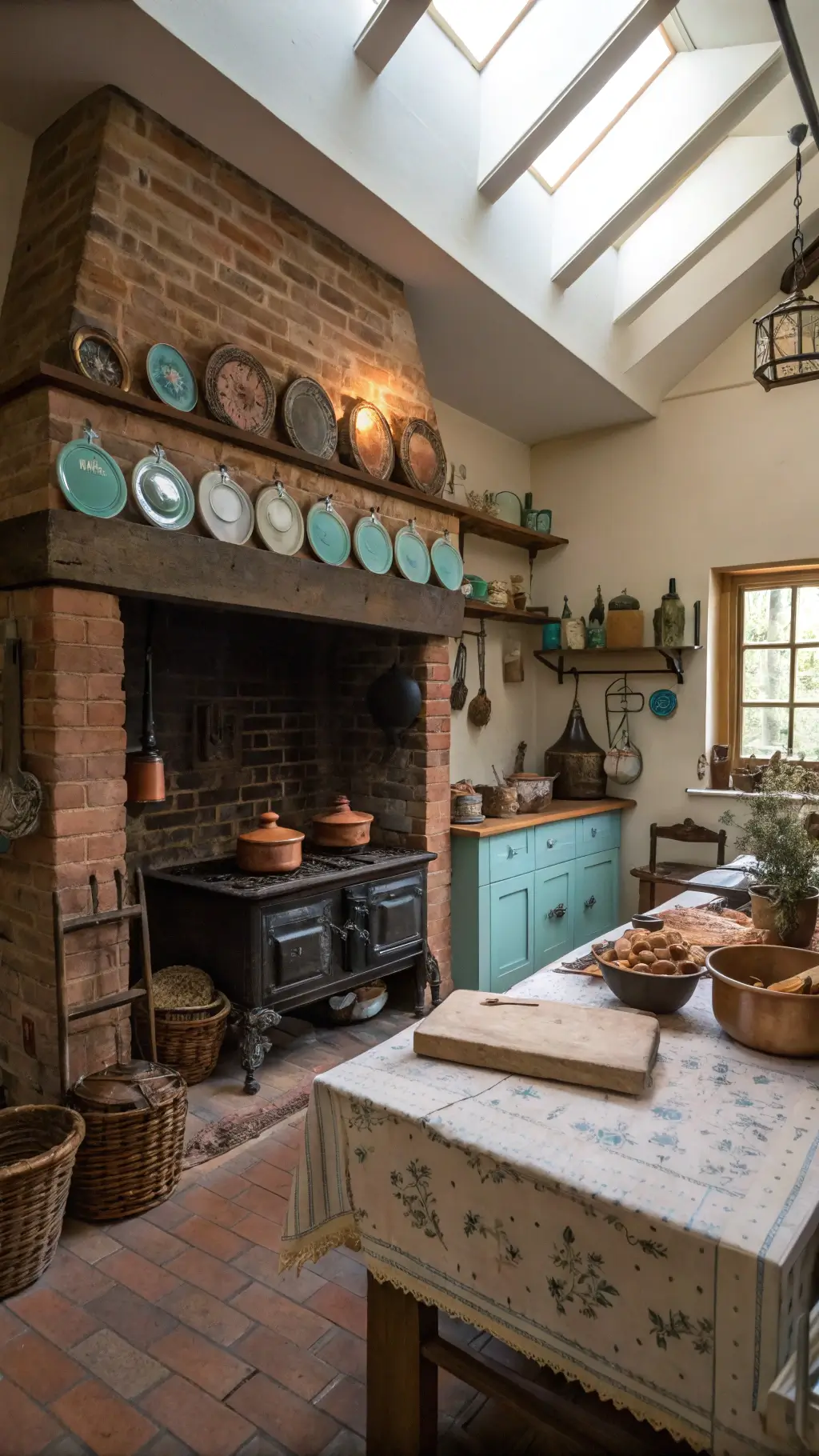 Vintage cottage kitchen with skylights, brick hearth, cast iron cookware, copper molds, blue enamelware, a farm table with bread-making essentials, and dried herbs hanging from beams.