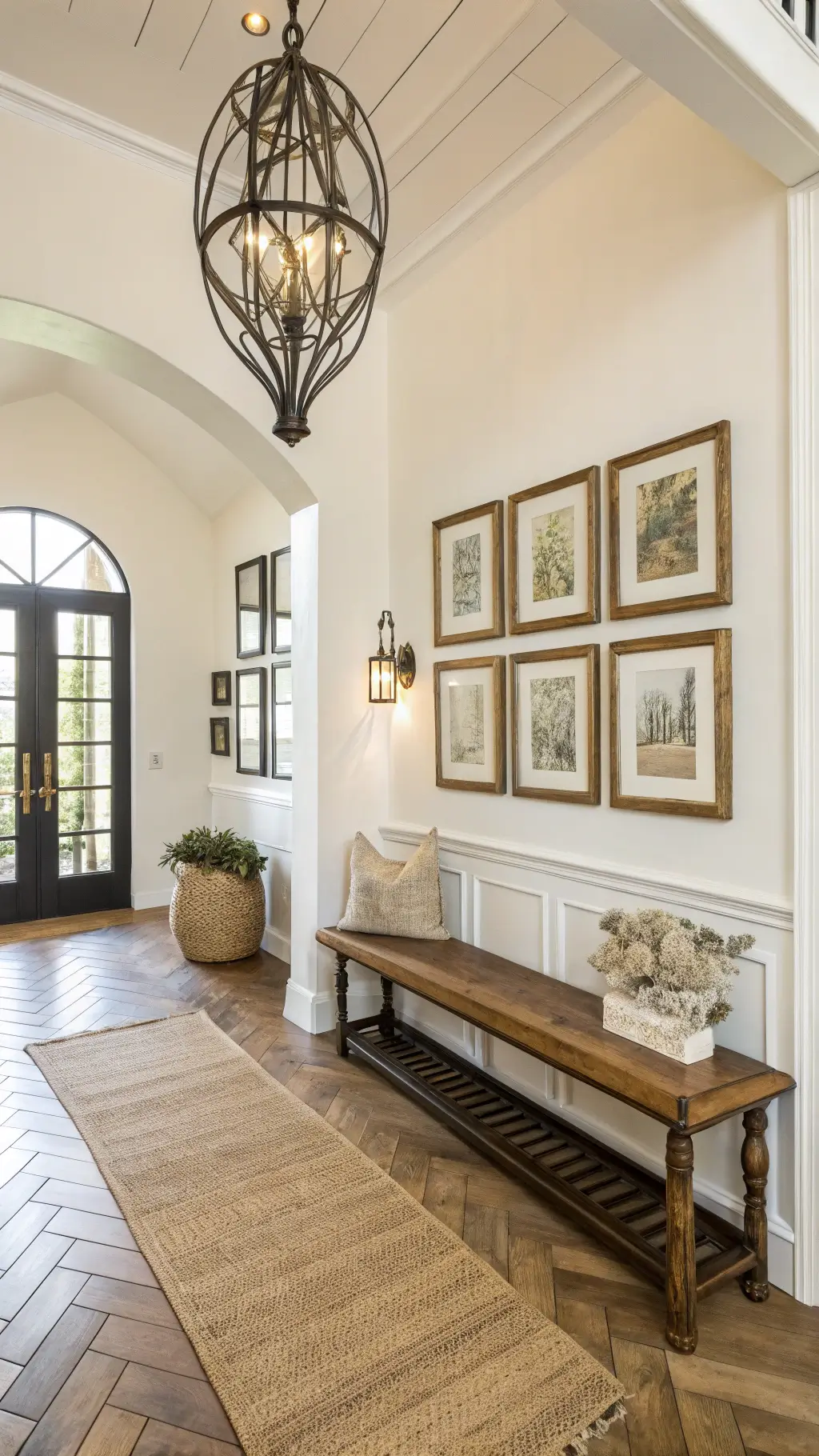 Bright and welcoming modern farmhouse entryway with high ceilings, iron pendant light, vintage bench, black-framed mirror and wall of antique botanical prints, herringbone-laid tile floor, and woven jute runner.