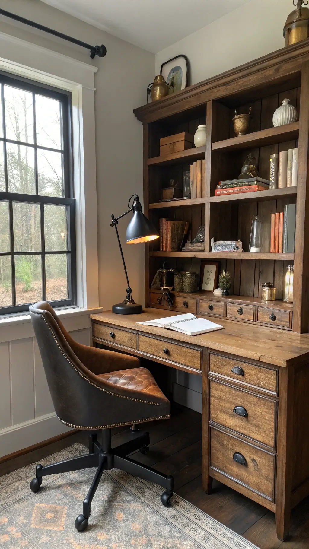A vintage-inspired office nook in a farmhouse featuring a wooden desk, modern leather chair, antique books, brass objects, and white ceramic vessels on open shelves, under a window with black metal hardware, lit by an industrial lamp and natural light.