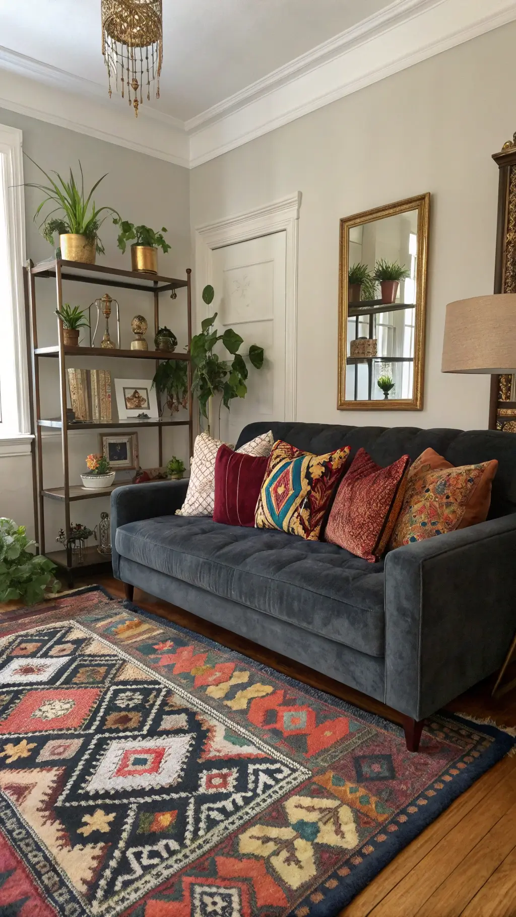 Bohemian eclectic living space featuring a grey velvet sofa adorned with colorful patterned pillows, a vintage Moroccan rug, a brass étagère filled with curated items and plants, all highlighted by the morning light.