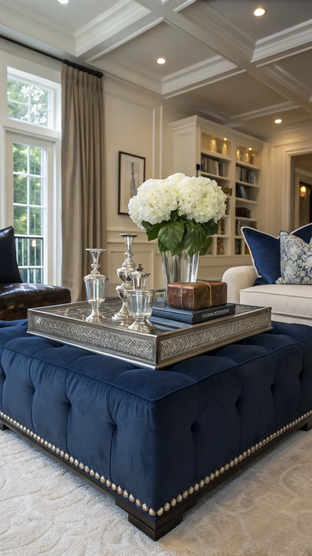 Elegant traditional living room in deep navy and ivory tones, highlighting a large square upholstered ottoman with a vintage silver tray, displaying crystal decanters, leather-bound books, and fresh hydrangeas under soft box lighting.