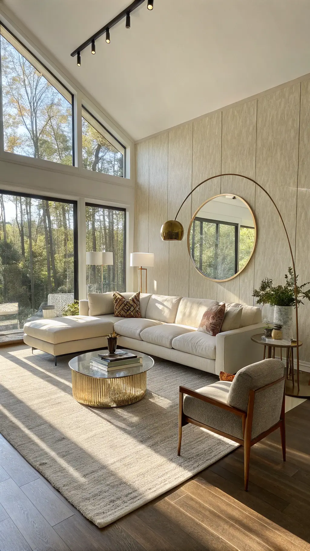 Modern living room with a low-profile ivory sectional, walnut nesting tables, boucle accent chair, arc floor lamp, and floor-to-ceiling windows, filled with late afternoon sunlight.