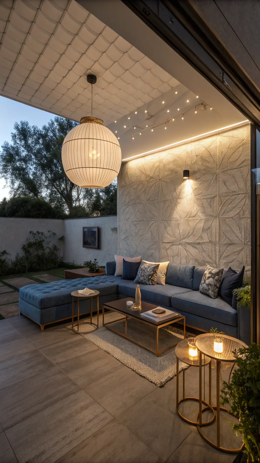 Twilight shot of contemporary space featuring a slate blue sofa, floating white oak shelves, nested marble side tables with brass frames, an oversized paper pendant for lighting, and textured cream walls.