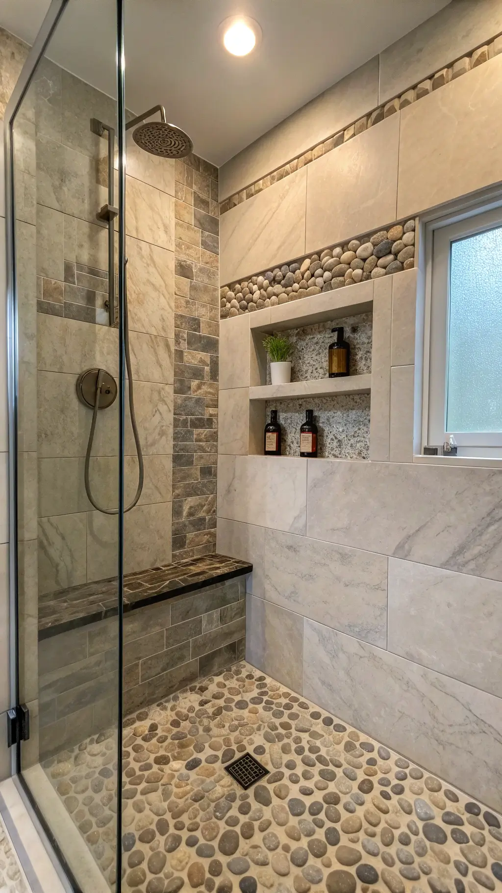 Luxury spa-style walk-in shower sanctuary with marble-look porcelain, river rock pebble floor, brushed nickel shower head, and essential oils on teak shelf, captured at a 45-degree angle.