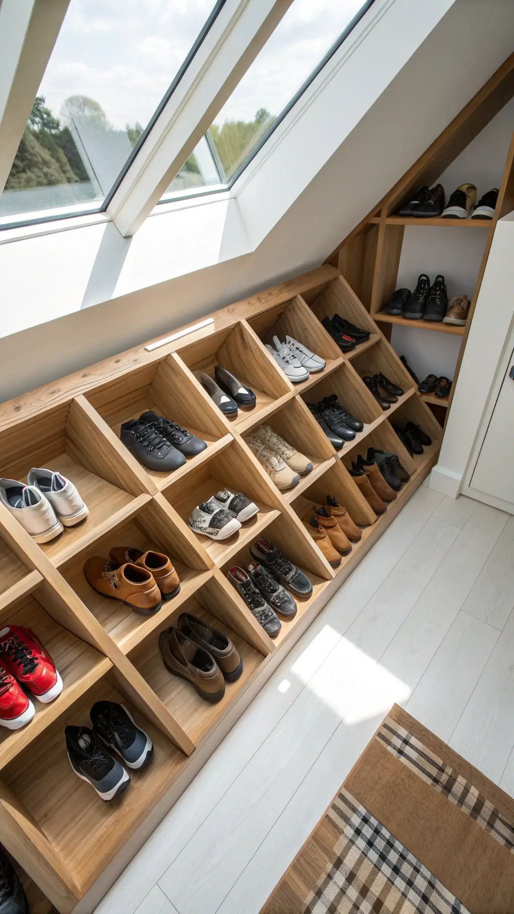 Bird's-eye view of custom-built light oak shoe shelving against a white floor, filled with designer shoes in color progression, with natural daylight from a skylight casting subtle shadows.