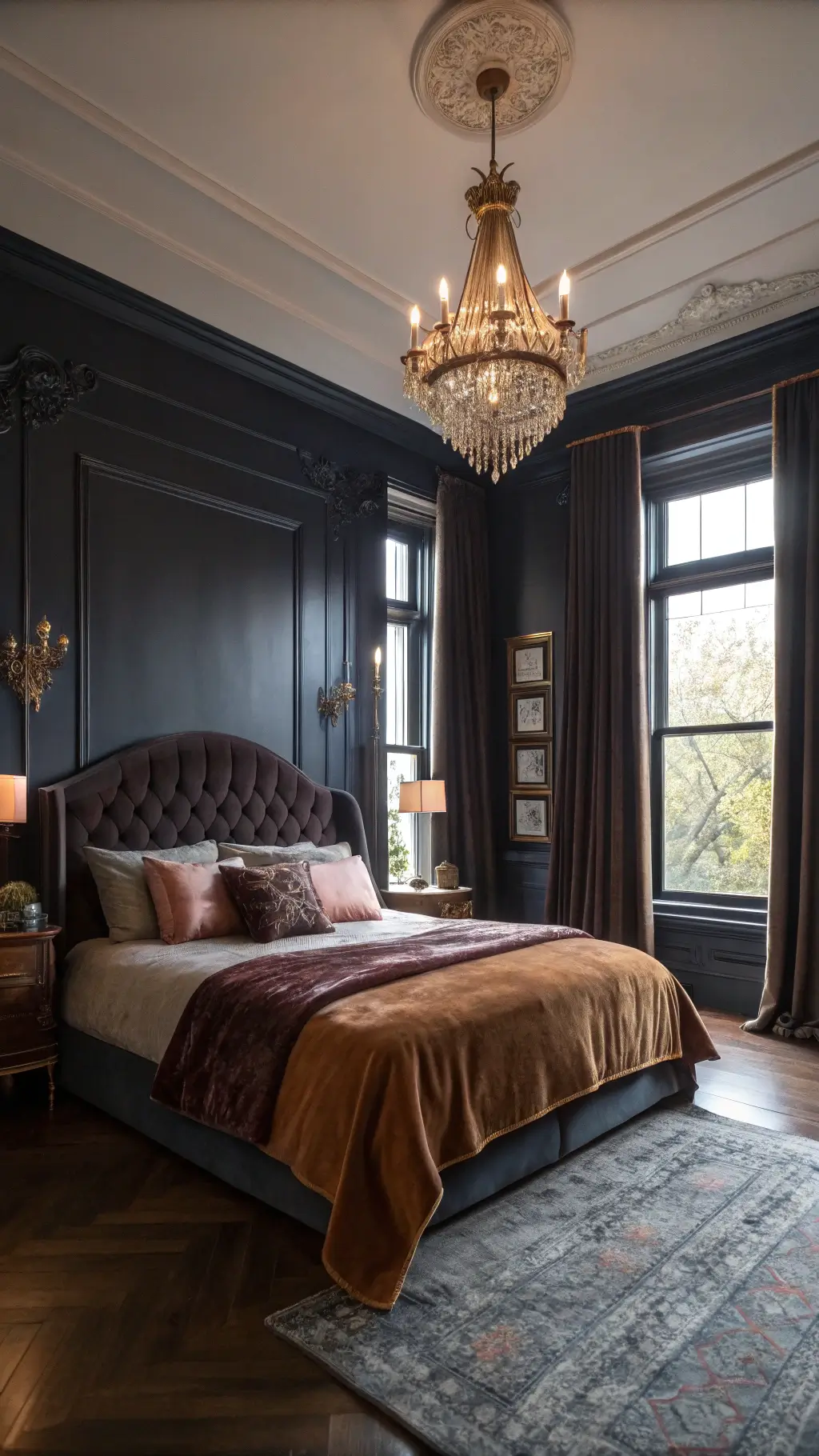 Victorian-style bedroom with navy blackout curtains, brown walls, queen bed with velvet headboard and silk pillows, brass chandelier, built-in bookshelves with leather-bound books, and a Persian rug on herringbone hardwood floors in morning light.
