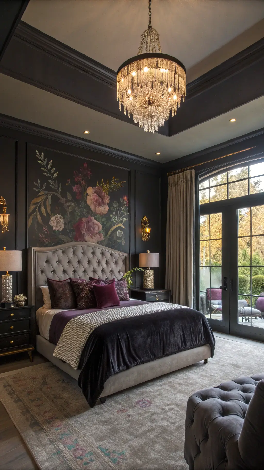 Charcoal bedroom with hand-painted floral mural, layered linen and velvet bed, crystal chandelier, velvet curtains, and leather chaise lounge under a vintage framed art gallery.