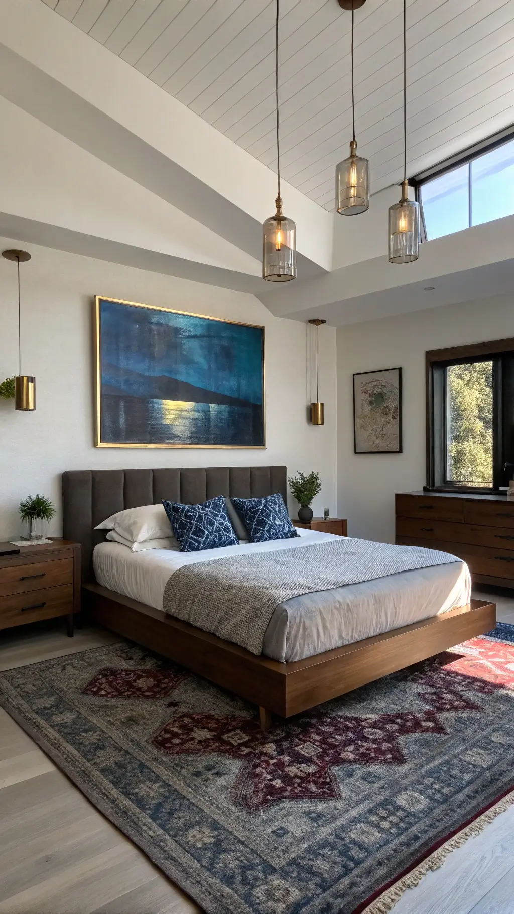Morning light illuminating a modern 13x15ft bedroom featuring a floating platform bed with integrated nightstands in dark walnut, oversized deep blue and metallic abstract art, a textured charcoal and plum area rug, and suspended brass pendant lights.