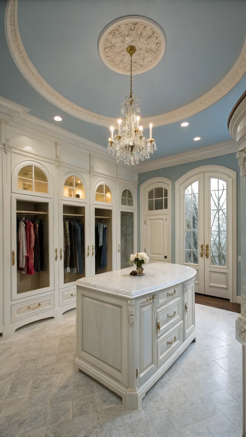 Interior of a classic European dressing room with pale blue walls, white millwork, triple full-length mirrors, crystal sconces, and a marble-topped central island in low evening light.