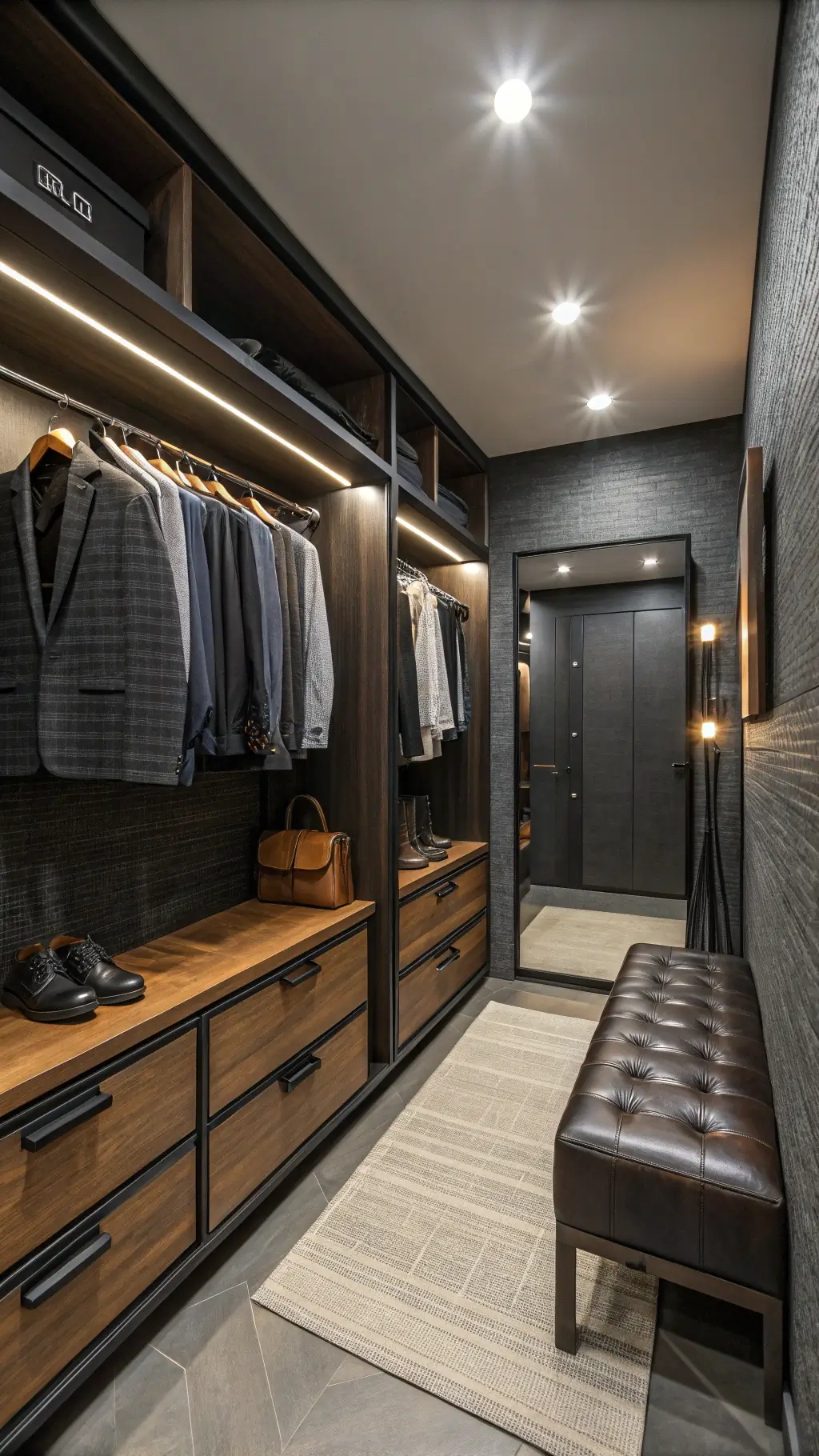 Modern masculine closet with industrial black metal and walnut storage systems, leather bench seating with hidden shoe storage and smoky mirror panels.