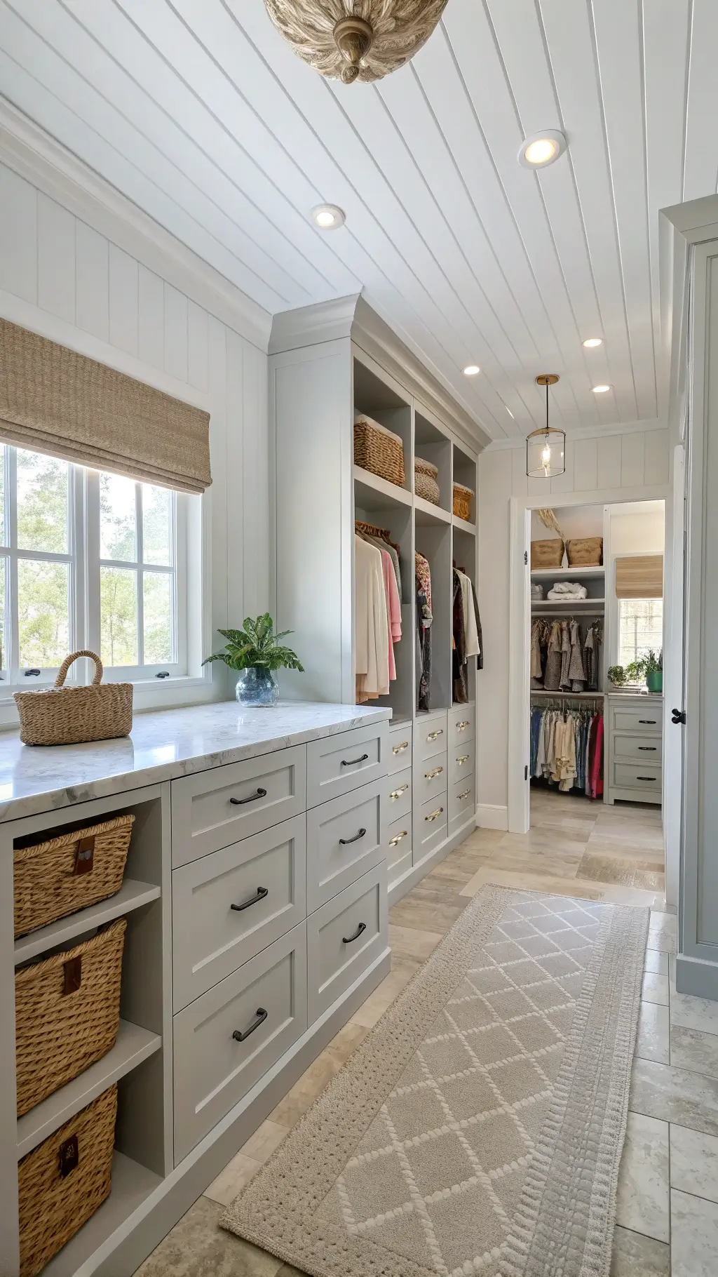 Coastal chic dressing suite featuring bright, custom grey cabinetry, rattan accents, an antiqued mirror-top island, and a natural jute rug atop limestone tiles, bathed in morning light filtered by sheer roman shades.