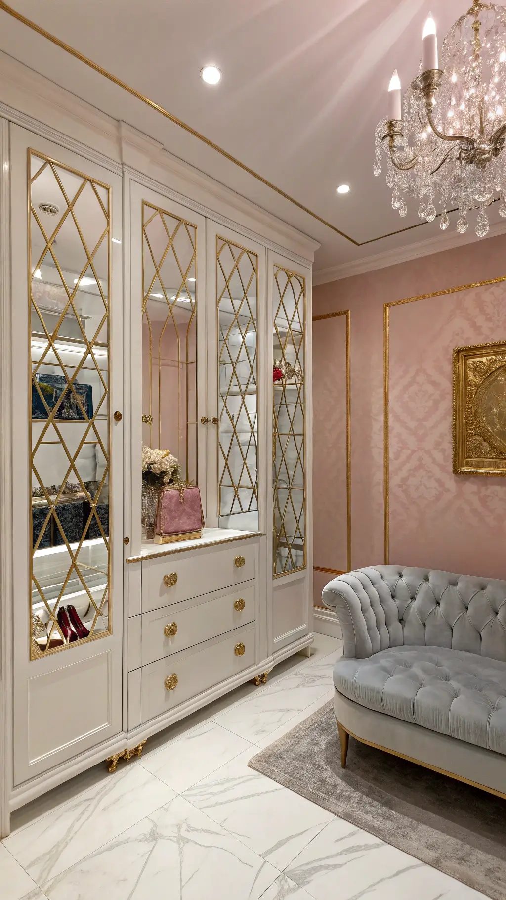 Glamorous 130-square-foot Art Deco boudoir with blush pink walls, geometric mirror panels, white cabinetry with gold trim, crystal knobs, grey velvet chaise under a chandelier, illuminated jewelry cases, handbag displays, and white marble flooring with metallic inlay shot from low angle.