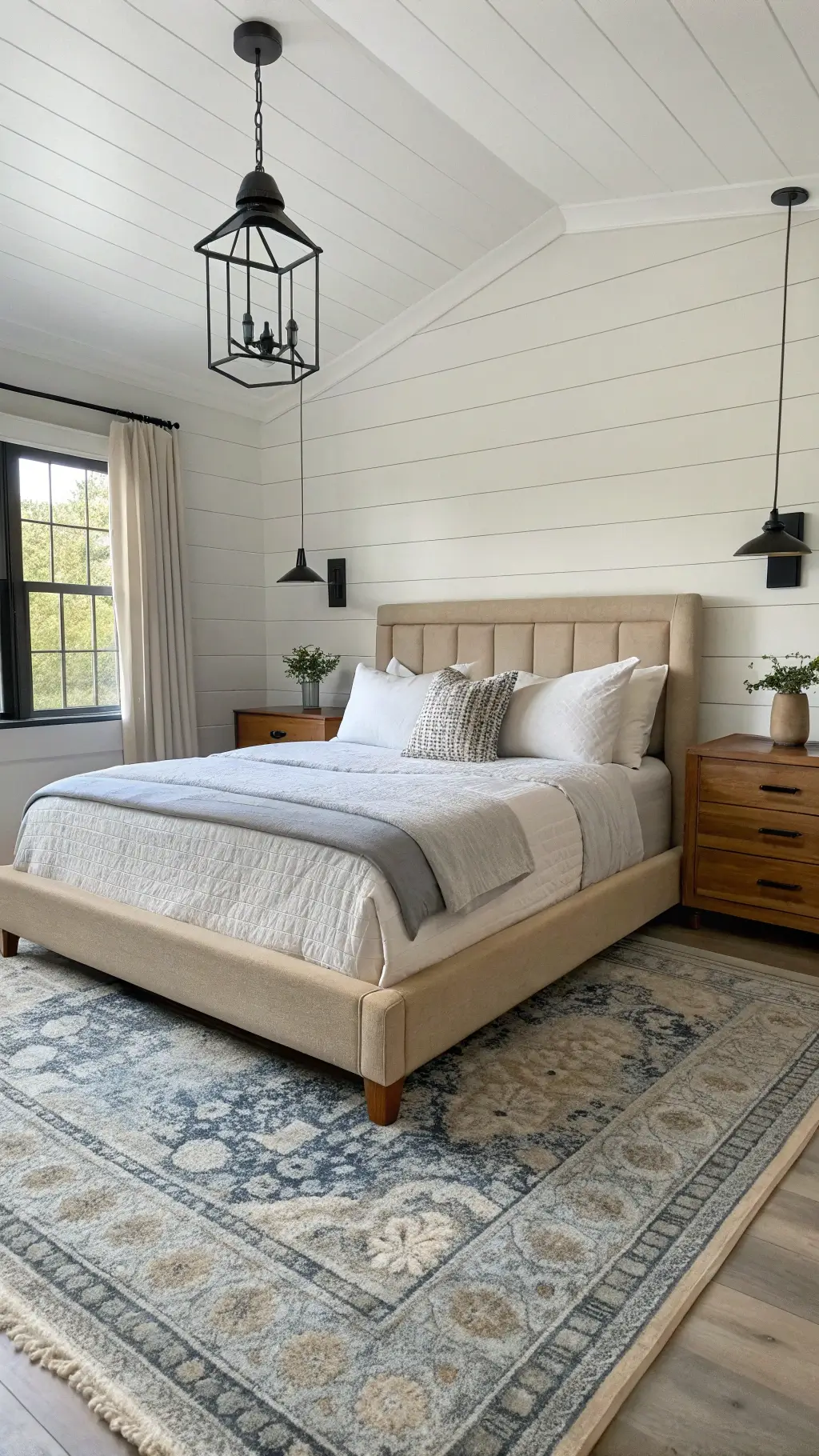 Modern farmhouse master bedroom with warm white shiplap accent wall, low-profile oak bed with ivory headboard, faded blue and gray vintage rug, black pendant lights over nightstands, and flax and cream linen bedding.