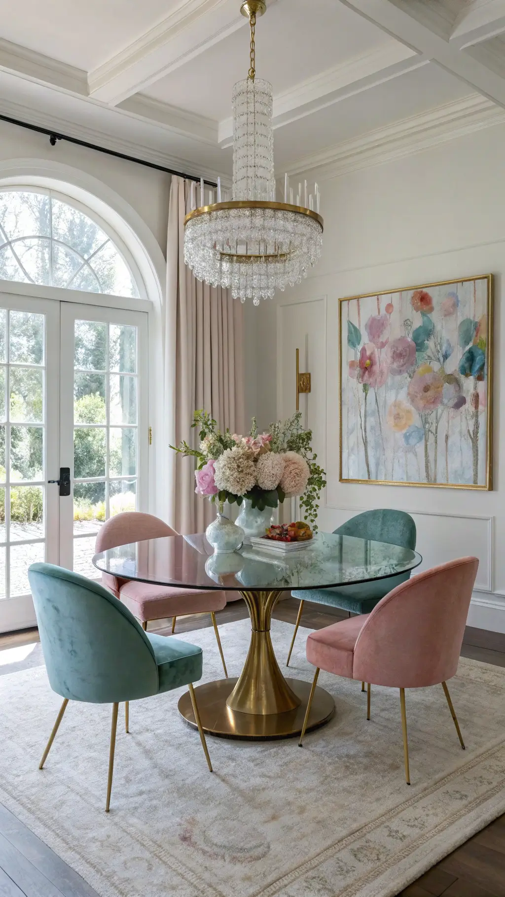 Elevated shot of a 14x16ft airy dining room in morning light, featuring an oval glass table, velvet chairs in mixed pastels, a floral chandelier, abstract art, white built-in cabinets with china and crystal, and sunlight filtering through gauzy curtains.