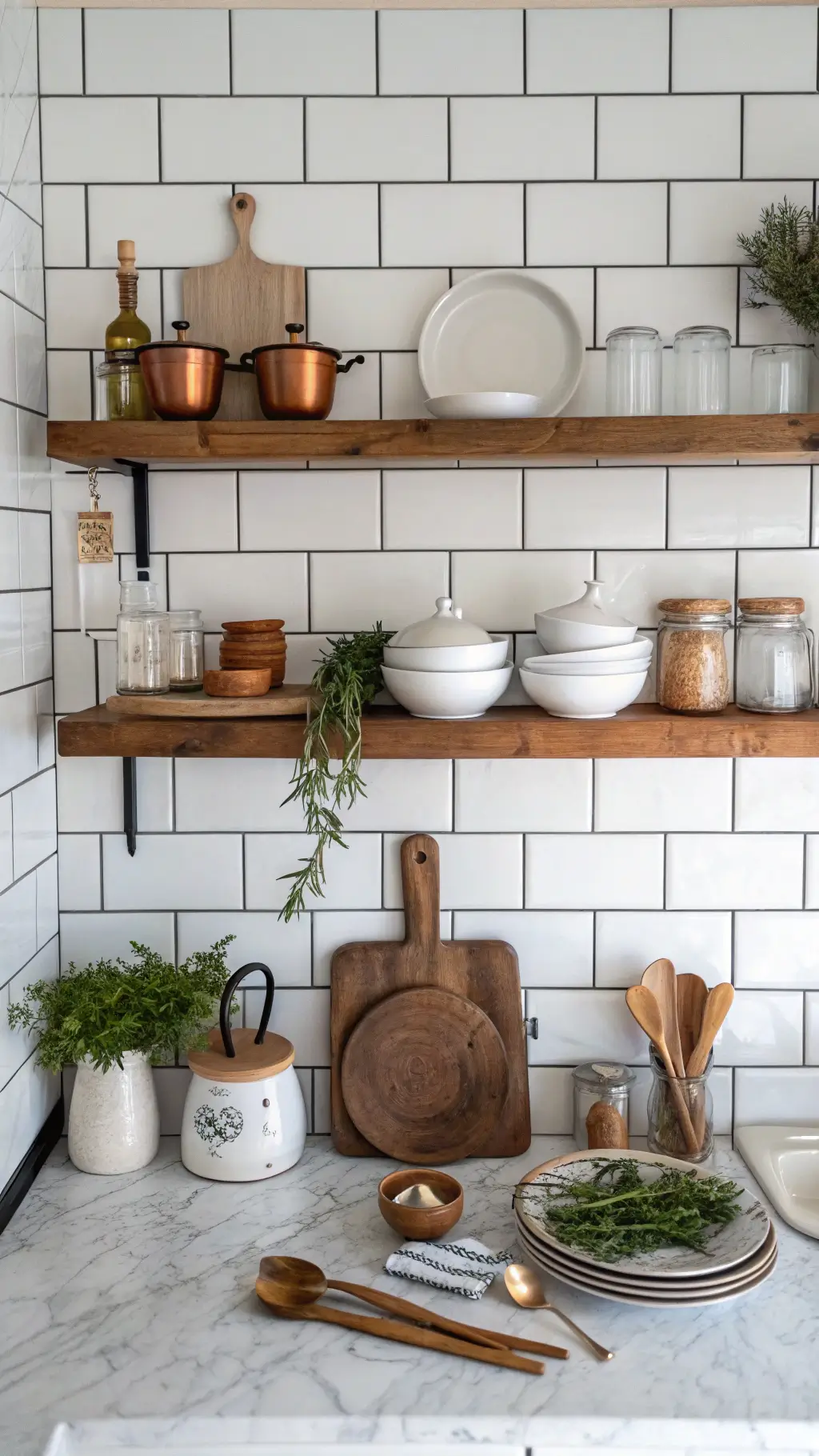 Overhead view of a kitchen island workspace, styled with wooden shelves holding white cookware, vintage glass canisters, and copper utensils against a white subway tile backdrop, with a marble pastry board and cooking essentials arranged below in morning light.