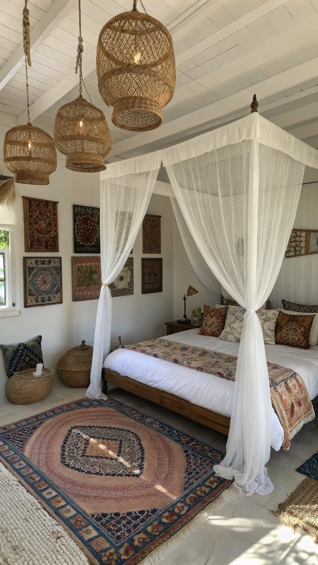 Boho styled master bedroom with a white canopy bed, vintage textile gallery walls, large floor pillows around a copper table, and hanging rattan pendants casting shadows on whitewashed walls.