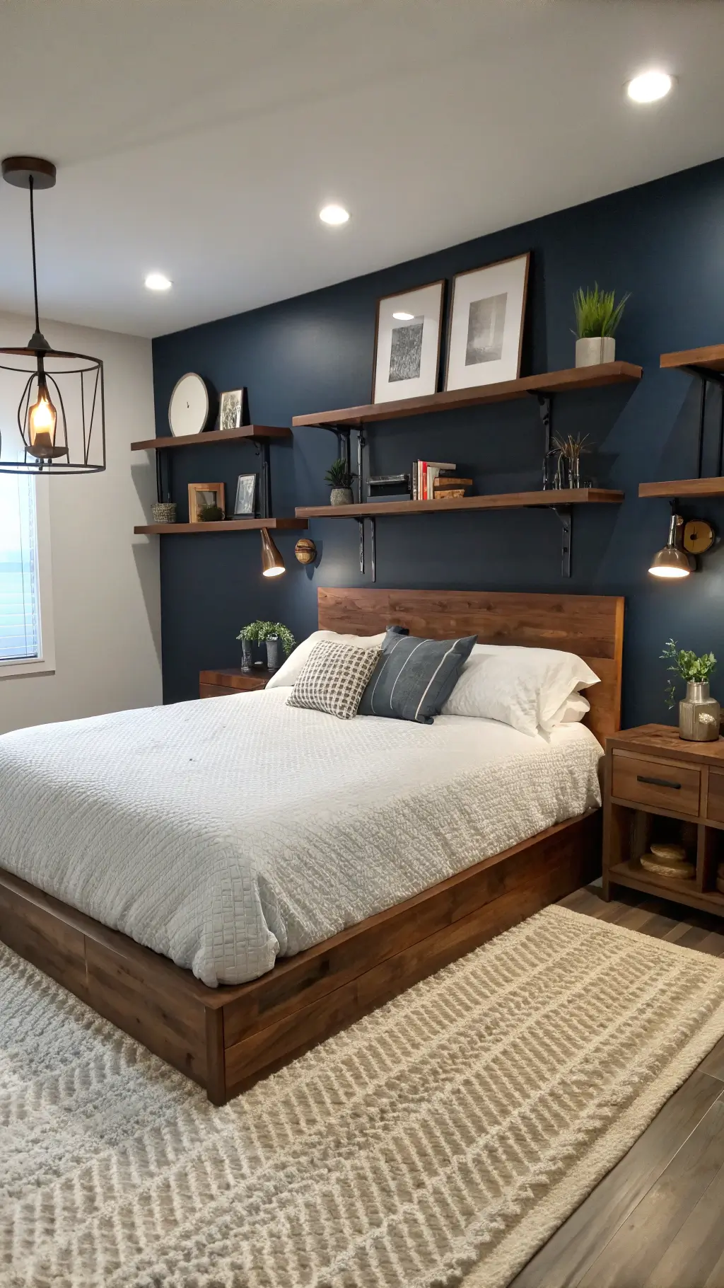 Overhead view of a 10x11ft cozy bedroom at dusk, featuring a walnut platform storage bed with white bedding, navy accent wall with floating shelves displaying metallic objects, modern ceramic table lamps, natural fiber rug, and strategically placed mirrors for depth.