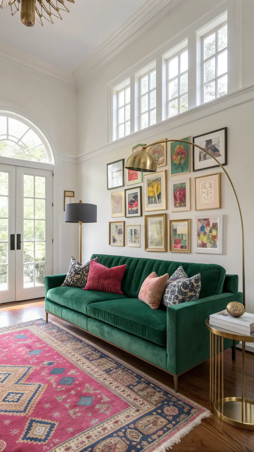 Sunlit living room with high ceilings, large windows, emerald green velvet sofa, brightly patterned pillows, colorful abstract wall art in gold frames, a brass floor lamp, and layered vintage rugs in jewel tones.